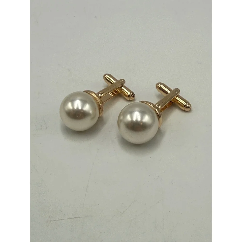 Vintage Faux Pearl Gold Tone Scalloped Cup Bullet Back Cufflinks Formal Wedding
